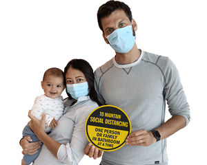 One family in bathroom at a time sign for social distancing