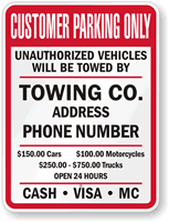 Custom Customer Parking Only, Unauthorized Vehicles Towed Sign