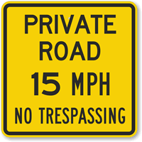 Private Road 15 MPH No Trespassing Sign