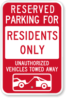 Reserved Parking For Residents Sign with Tow Graphic