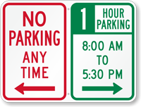 Custom No Parking Anytime Sign, Left Arrow