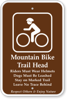 Mountain Bike Trail Head, Riders Wear Helmets Sign