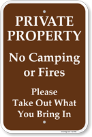 Private Property No Camping Or Fires Campground Sign