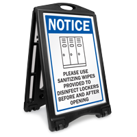 Use Sanitizing Wipes Provided To Disinfect Lockers Sidewalk Sign
