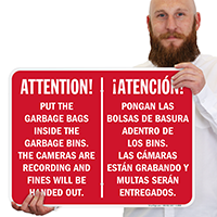 Bilingual Attention Put Garbage Bags Inside Bins Sign
