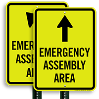 Ahead Arrow Emergency Assembly Area Sign
