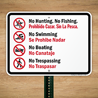 Bilingual No Hunting, No Fishing, No Boating Sign