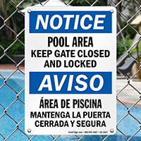Bilingual Pool Area, Keep Gate Closed Sign