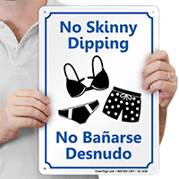 Bilingual Pool Area, No Skinny Dipping Sign