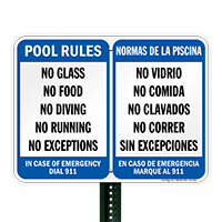 Bilingual Pool Area Rules, Emergency Phone Number Sign