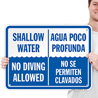 Bilingual Shallow Water, No Diving Allowed Sign