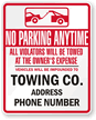 Custom No Parking Sign   Violators Towed Sign