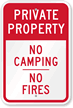 Private Property   No Camping No Fires Sign