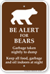 Be Alert For Bears Campground Sign