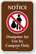Notice Dumpster Use By Campers Sign
