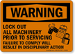 Lockout All Machinery Prior To Servicing Warning Sign