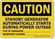Standby Generator Starts Automatically Sign