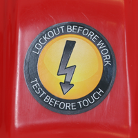 2" od circle Lockout Before Work, Test Before Touch Hard Hat Decal