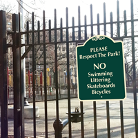 No Swimming, Littering & No Skateboarding Signs