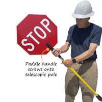 Stop paddle can be screwed onto pole that can be adjusted to any length