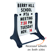 White swinger sign with wheels