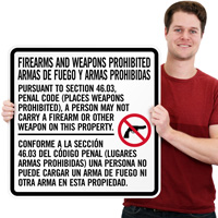 Texas gun law sign prohibiting firearms and weapons